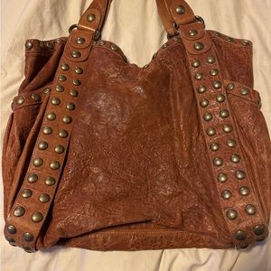 KOOBA Jillian Brown Leather Studded Hobo Bag Purse.